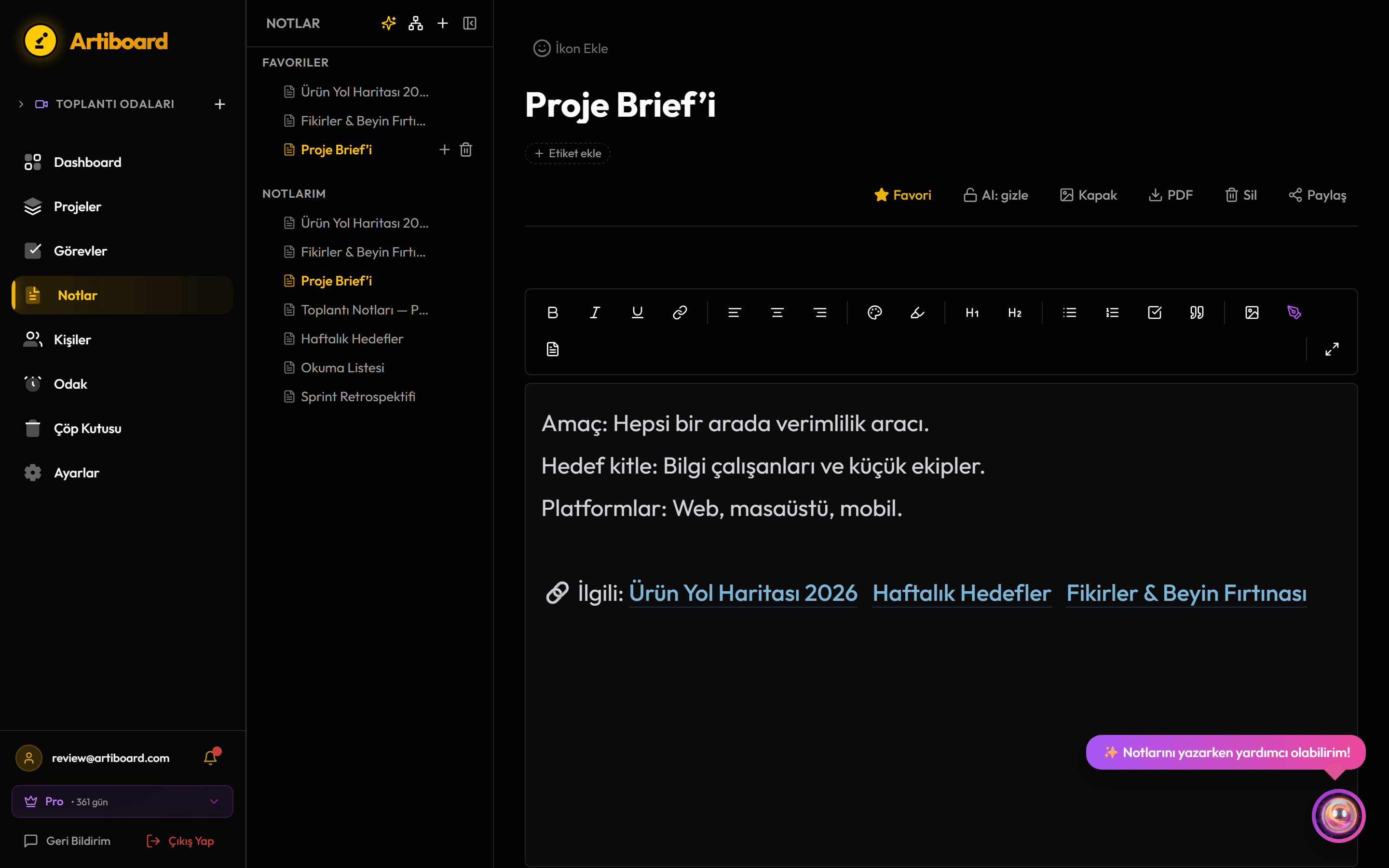 Artiboard not editöründe Proje Brief’i ve diğer notlara verilen wikilink bağlantıları